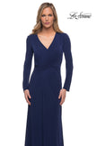 Picture of: Long Sleeve Jersey Dress with Criss-Criss Front Ruching in Navy, Main Picture