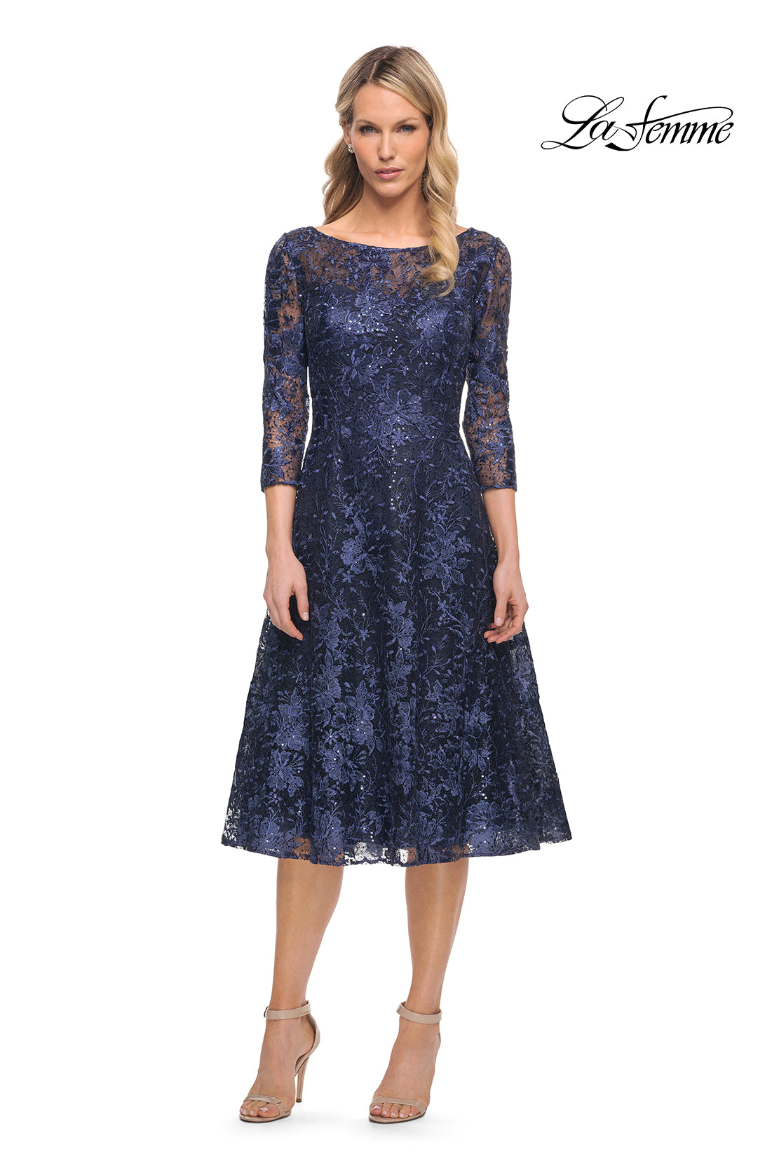 Picture of: Beautiful Lace Tea Length Gown with Three-Quarter Sleeves in Blue, Style: 30005, Main Picture