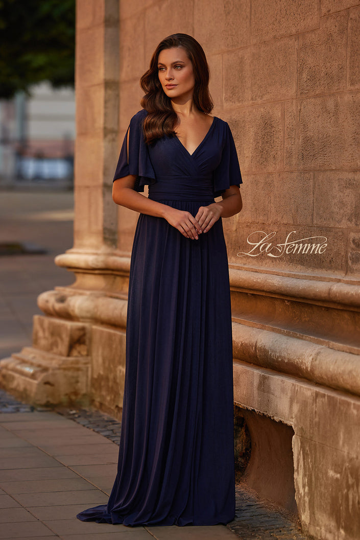Picture of: Flattering Net Jersey Long Dress with Ruffle Sleeve in Navy, Style: 30009, Main Picture