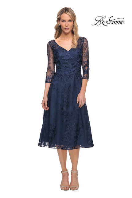 Picture of: Stylish Tea Length Mother of the Bride Dress with Sleeves in Blue, Style: 30016, Main Picture