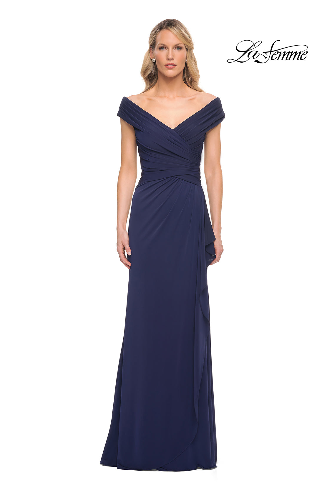 Picture of: Long Luxurious Jersey Off the Shoulder Evening Gown in Blue, Style: 30040, Main Picture