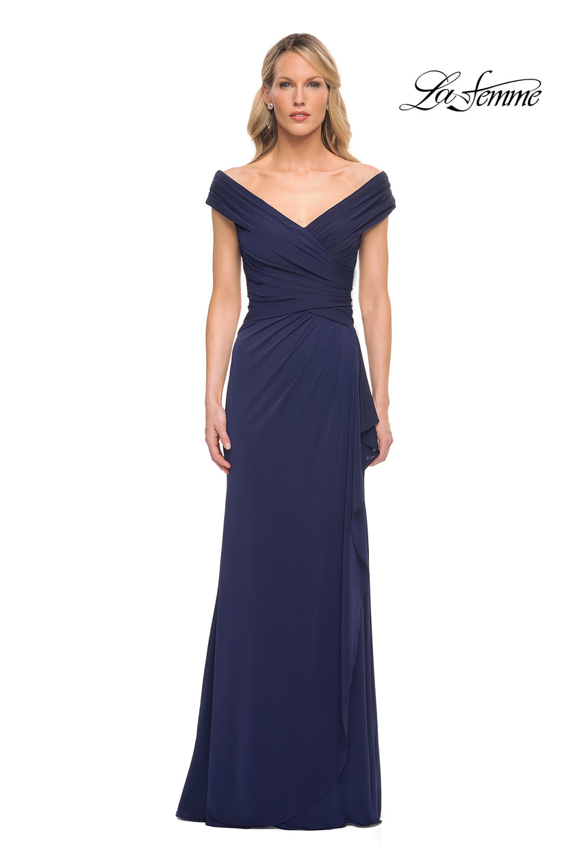 Picture of: Long Luxurious Jersey Off the Shoulder Evening Gown in Blue, Style: 30040, Main Picture