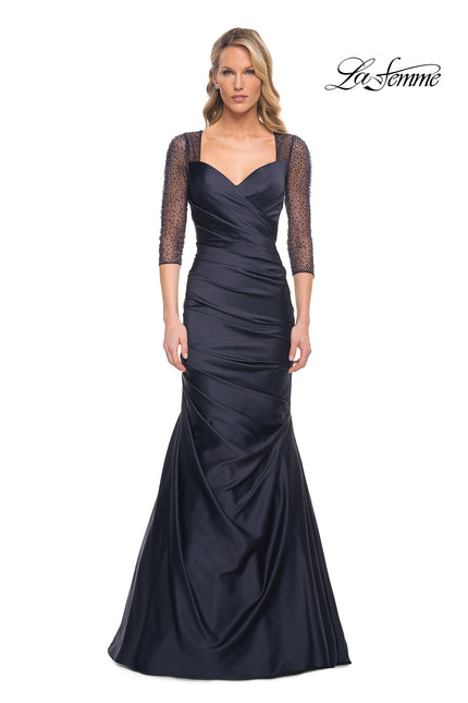 Picture of: Mermaid Satin Pleated Gown with Illusion Beaded Sleeves in Blue, Style: 30138, Main Picture