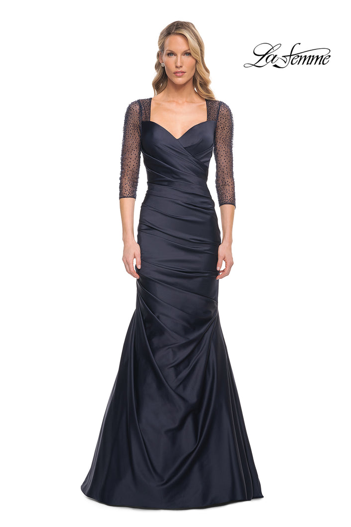 Picture of: Mermaid Satin Pleated Gown with Illusion Beaded Sleeves in Blue, Style: 30138, Main Picture