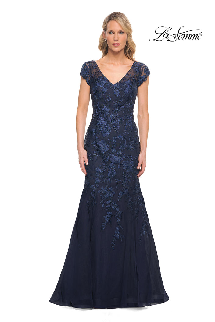 Picture of: Lace and Tulle Mermaid Gown with Cap Sleeves in Blue, Style: 30269, Main Picture