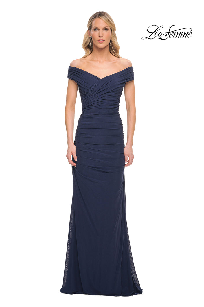 Picture of: Long Ruched Gown with Off the Shoulder Top in Blue, Style: 30363, Main Picture