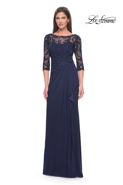 Picture of: Long Evening Gown with Lace Illusion Sleeves and Neckline in Navy, Style: 30385, Main Picture