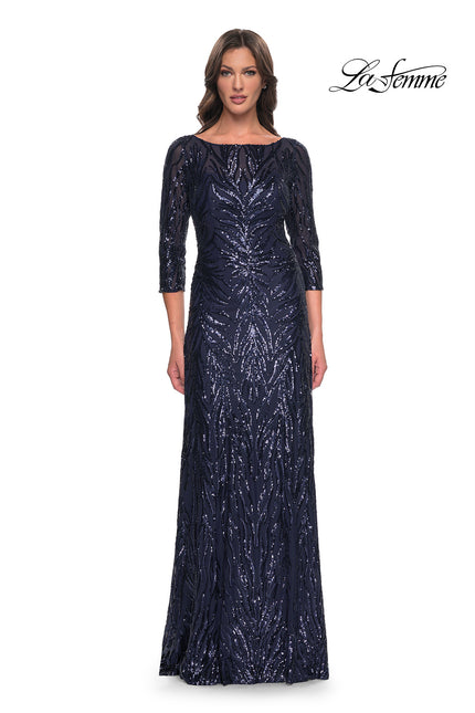 Picture of: Print Sequin Gown with High Neckline and Sleeves in Navy, Style: 30807, Main Picture