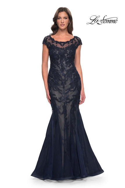 Picture of: Mermaid Lace Dress with Cap Sleeves and Illusion Neckline in Navy, Style: 30876, Main Picture