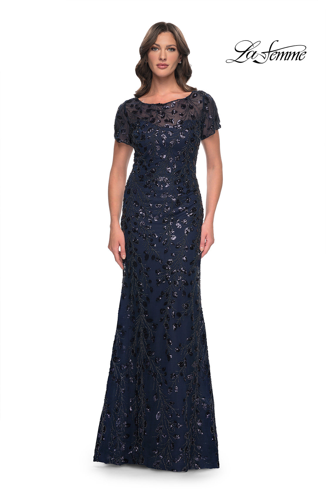 Picture of: Beaded Sequin Chic Evening Dress with Illusion Top and Short Sleeves in Navy, Style: 30877, Main Picture