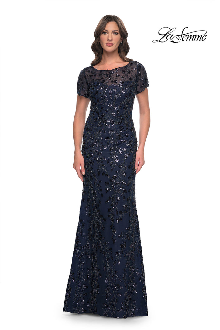 Picture of: Beaded Sequin Chic Evening Dress with Illusion Top and Short Sleeves in Navy, Style: 30877, Main Picture