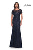 Picture of: Beaded Sequin Chic Evening Dress with Illusion Top and Short Sleeves in Navy, Style: 30877, Main Picture