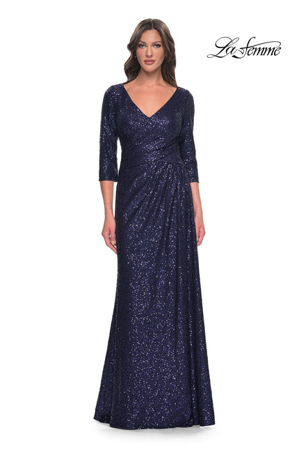 Picture of: Long Sequin Gown with Ruching and Draped Skirt in Navy, Style: 30879, Main Picture
