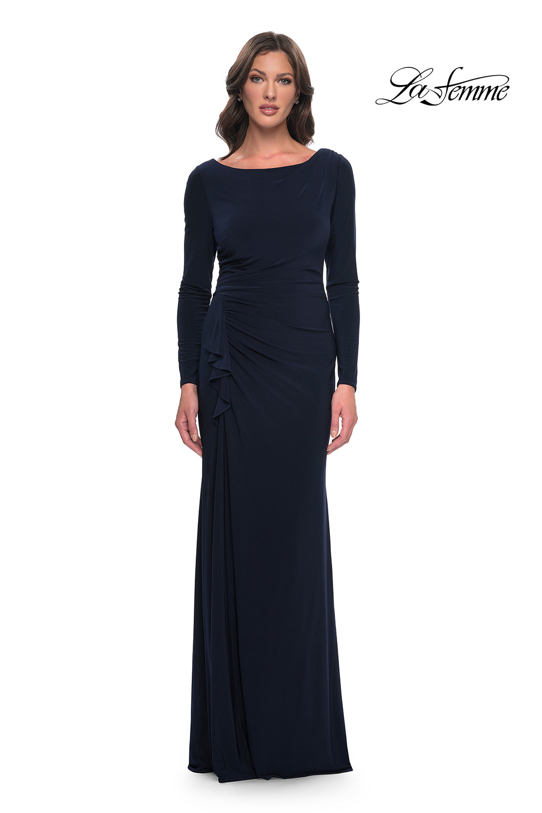 Picture of: Chic Jersey Long Dress with Ruffle Detail Skirt in Navy, Style: 30881, Main Picture