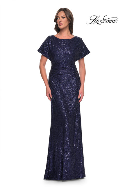 Picture of: Sequin Stretch Evening Dress with High Neckline and Dolman Sleeves in Navy, Style: 30885, Main Picture