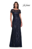 Picture of: Beaded Print Fitted Evening Dress with Illusion Neckline in Navy, Style: 31005, Main Picture