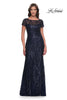 Picture of: Beaded Print Fitted Evening Dress with Illusion Neckline in Navy, Style: 31005, Main Picture