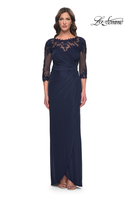 Picture of: Long Jersey Evening Dress with Lace Detail Neckline and Sleeves in Navy, Style: 31093, Main Picture
