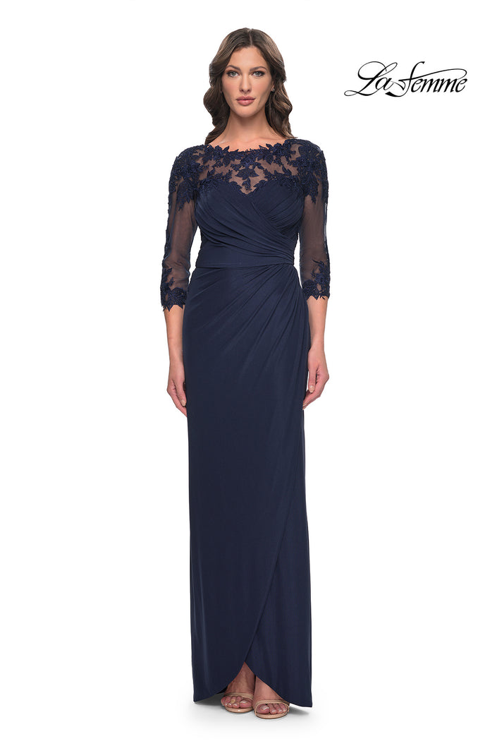 Picture of: Long Jersey Evening Dress with Lace Detail Neckline and Sleeves in Navy, Style: 31093, Main Picture