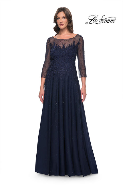 Picture of: Rhinestone Embellished A-Line Tulle and Lace Evening Dress in Navy, Style: 31235, Main Picture