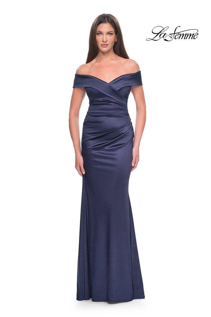 Picture of: Off the Shoulder Stretch Satin Evening Dress in Navy, Style: 31621, Main Picture