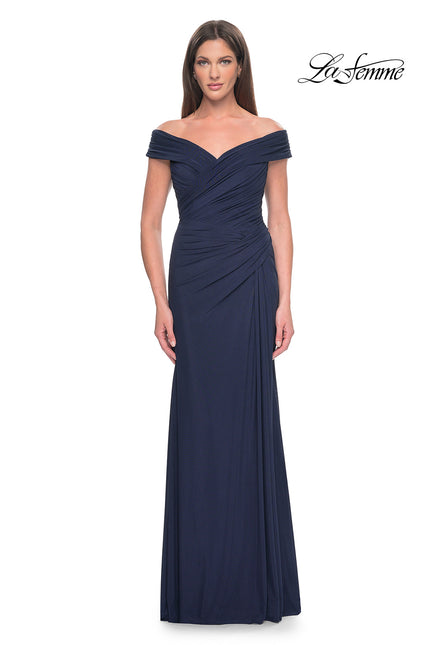 Picture of: Off the Shoulder Jersey Evening Gown with Ruching in Navy, Style: 31677, Main Picture