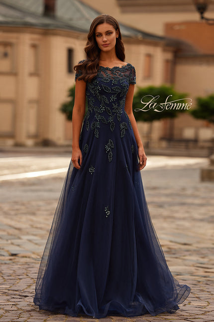 Picture of: Gorgeous Gown with Beaded Lace Applique in Navy, Style: 31692, Main Picture
