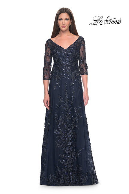 Picture of: Stunning Evening Gown with Lace Beaded Design in Navy, Style: 31719, Main Picture