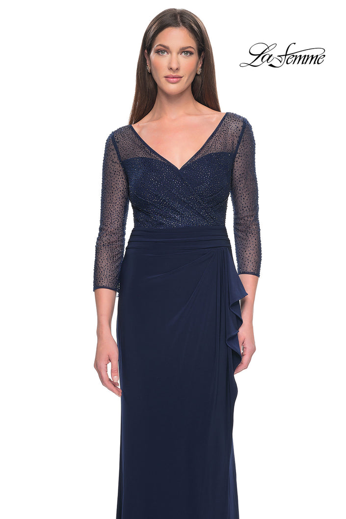 Picture of: Evening Gown with Illusion Rhinestone Sleeves in Navy, Style: 31777, Main Picture