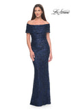 Picture of: Off the Shoulder Ruched Beaded Lace Evening Gown in Navy, Style: 31778, Main Picture