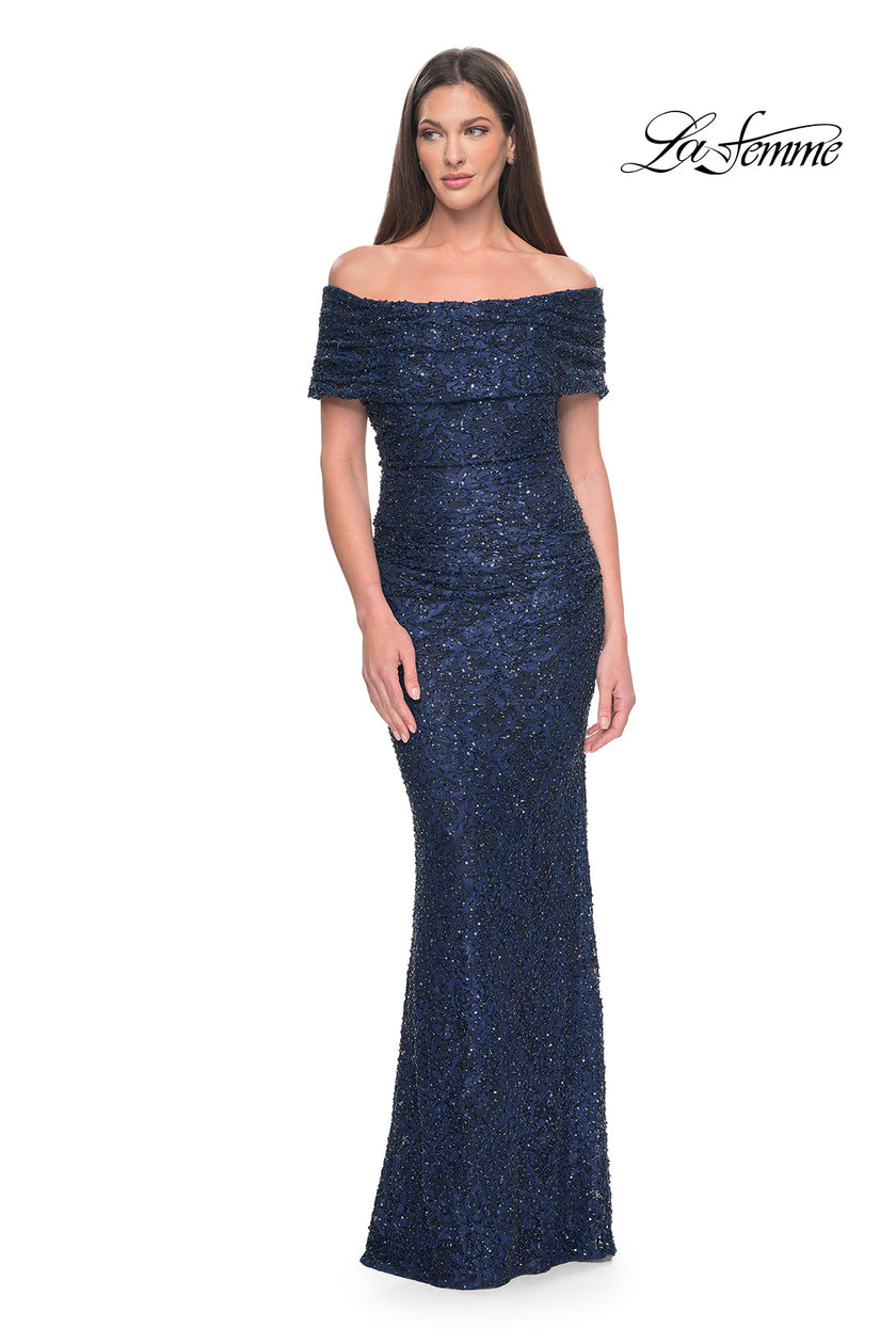 Picture of: Off the Shoulder Ruched Beaded Lace Evening Gown in Navy, Style: 31778, Main Picture
