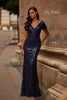 Picture of: Empire Waist Evening Dress with Print Sequin Design in Navy, Style: 31787, Main Picture