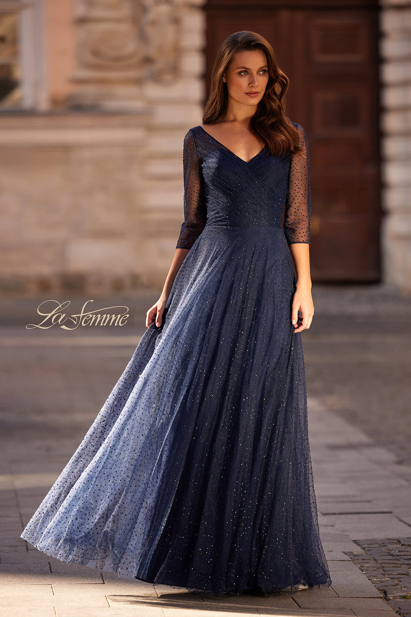 Picture of: Rhinestone Tulle Gown with Full Skirt and Ruched Bodice in Navy, Style: 32460, Main Picture