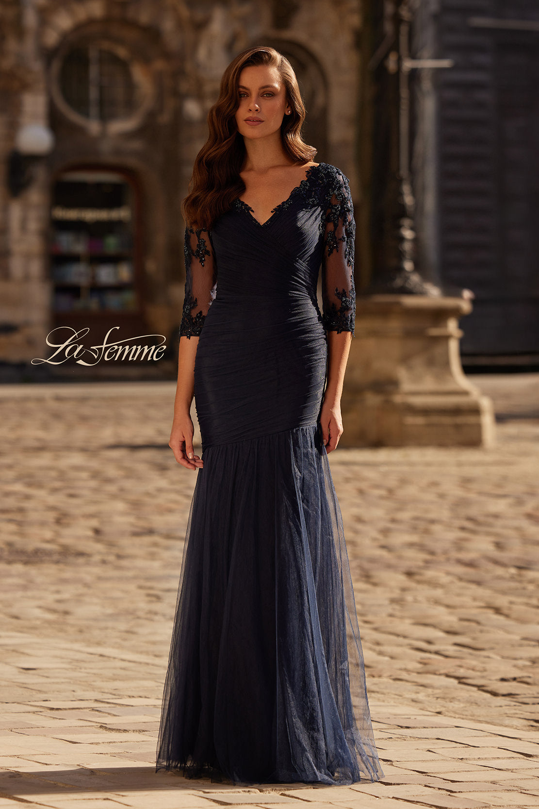 Picture of: Tulle Evening Gown with Trumpet Skirt and Lace Illusion Sleeves in Navy, Style: 32610, Main Picture