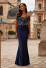 Picture of: Off the Shoulder Jersey Gown with Floral Sequin Top in Navy, Style: 32739, Main Picture