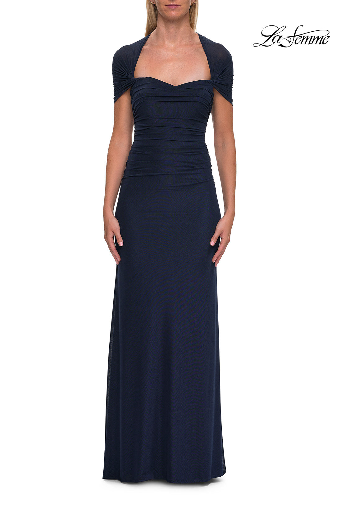 Picture of: Long Net Jersey Ruched Evening Dress with Short Sleeves in Navy, Style: 33124, Main Picture