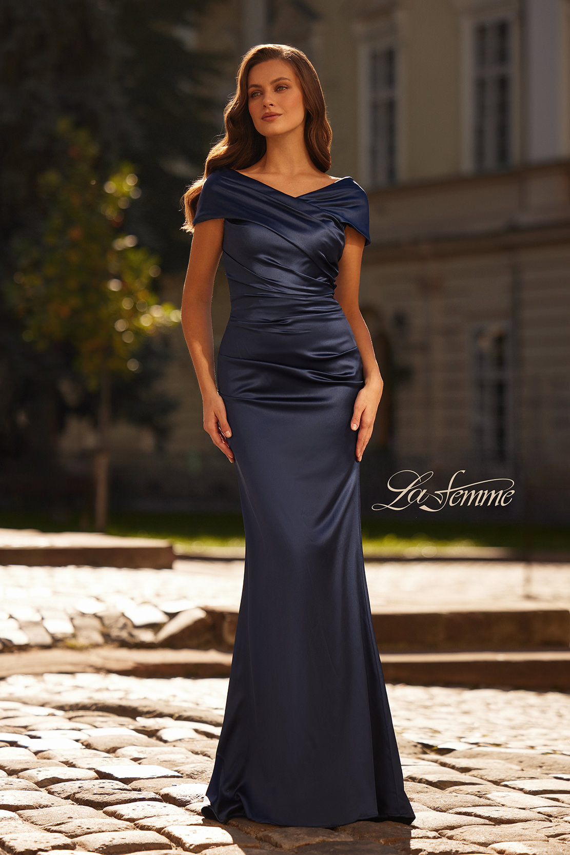 Picture of: Off the Shoulder Stretch Satin Ruched Evening Gown in Navy, Style: 33128, Main Picture