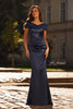 Picture of: Off the Shoulder Stretch Satin Ruched Evening Gown in Navy, Style: 33128, Main Picture
