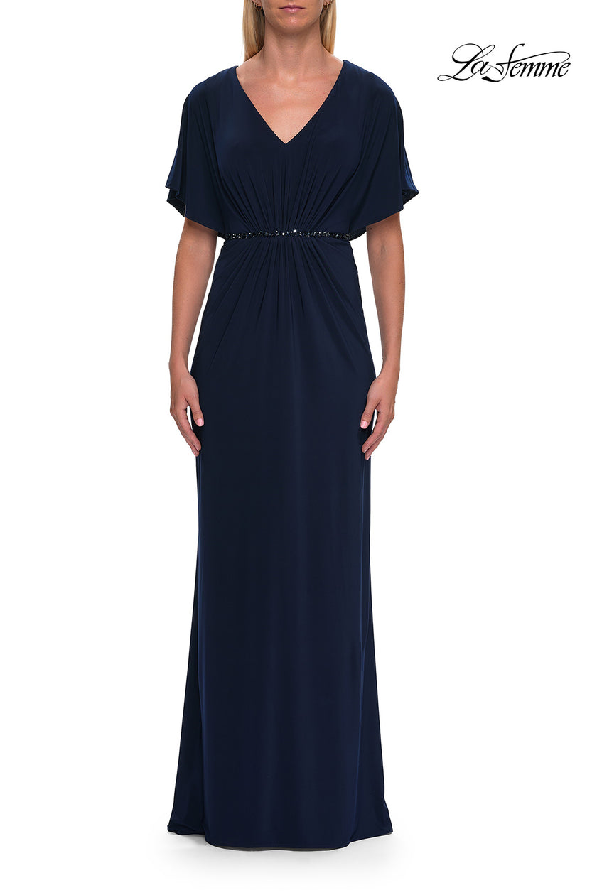 Picture of: Flutter Sleeve Jersey Gown with Beaded Waist in Navy, Style: 33158, Main Picture