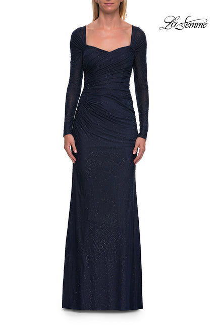 Picture of: Long Sleeve Rhinestone Jersey Gown with Sweetheart Neckline in Navy, Style: 33642, Main Picture