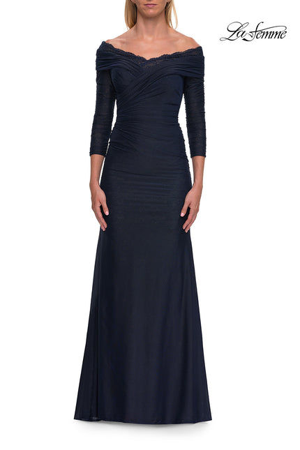 Picture of: Off-the-Shoulder Three-Quarter Sleeve Gown in Navy, Style: 33655, Main Picture