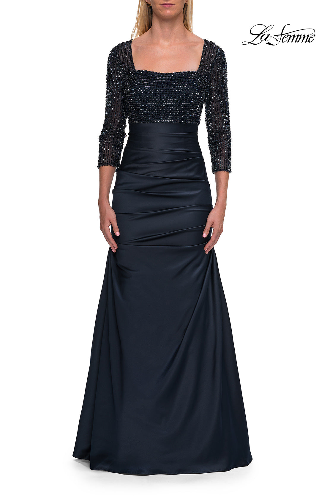 Picture of: Beaded Bodice Satin Gown with Three-Quarter Sleeves in Navy, Style: 33659, Main Picture