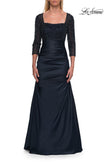 Picture of: Beaded Bodice Satin Gown with Three-Quarter Sleeves in Navy, Style: 33659, Main Picture