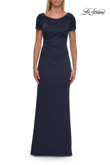 Picture of: Short Sleeve Embellished Shoulder Evening Gown in Navy, Style: 33693, Main Picture