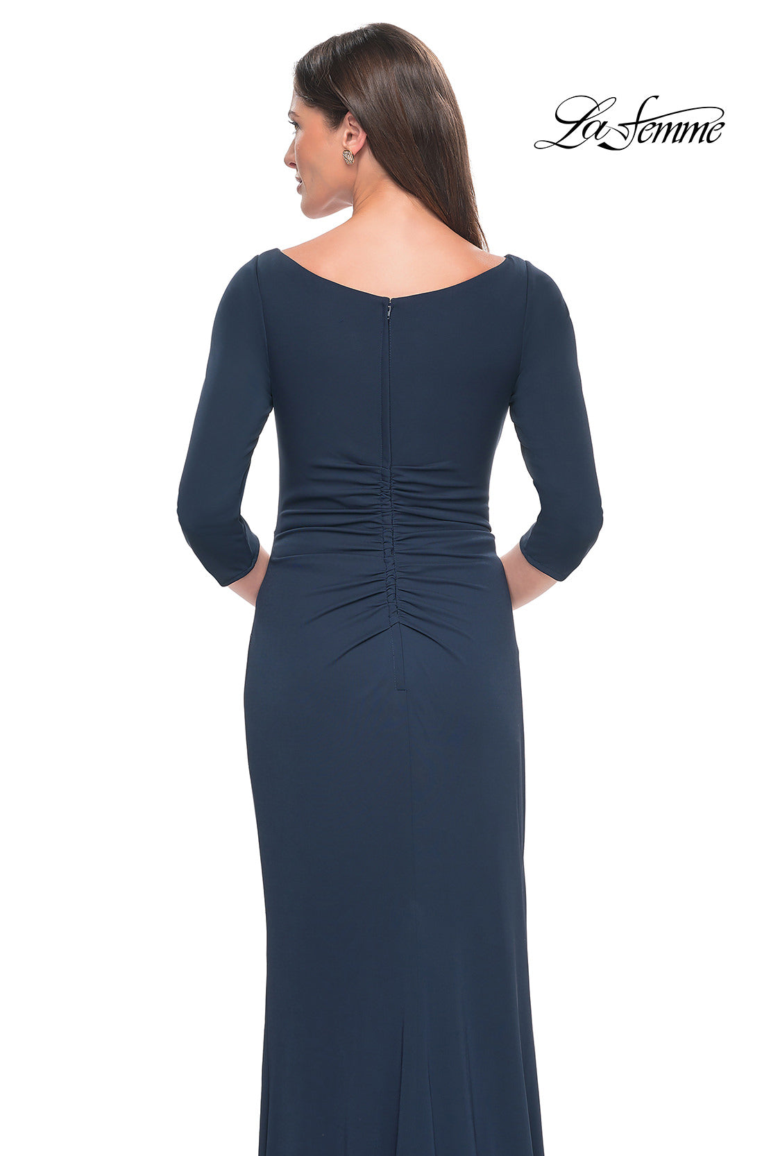 Picture of: Chic Long Evening Gown with High Neck and Ruffle Detail in Navy, Style: 31705, Detail Picture 8