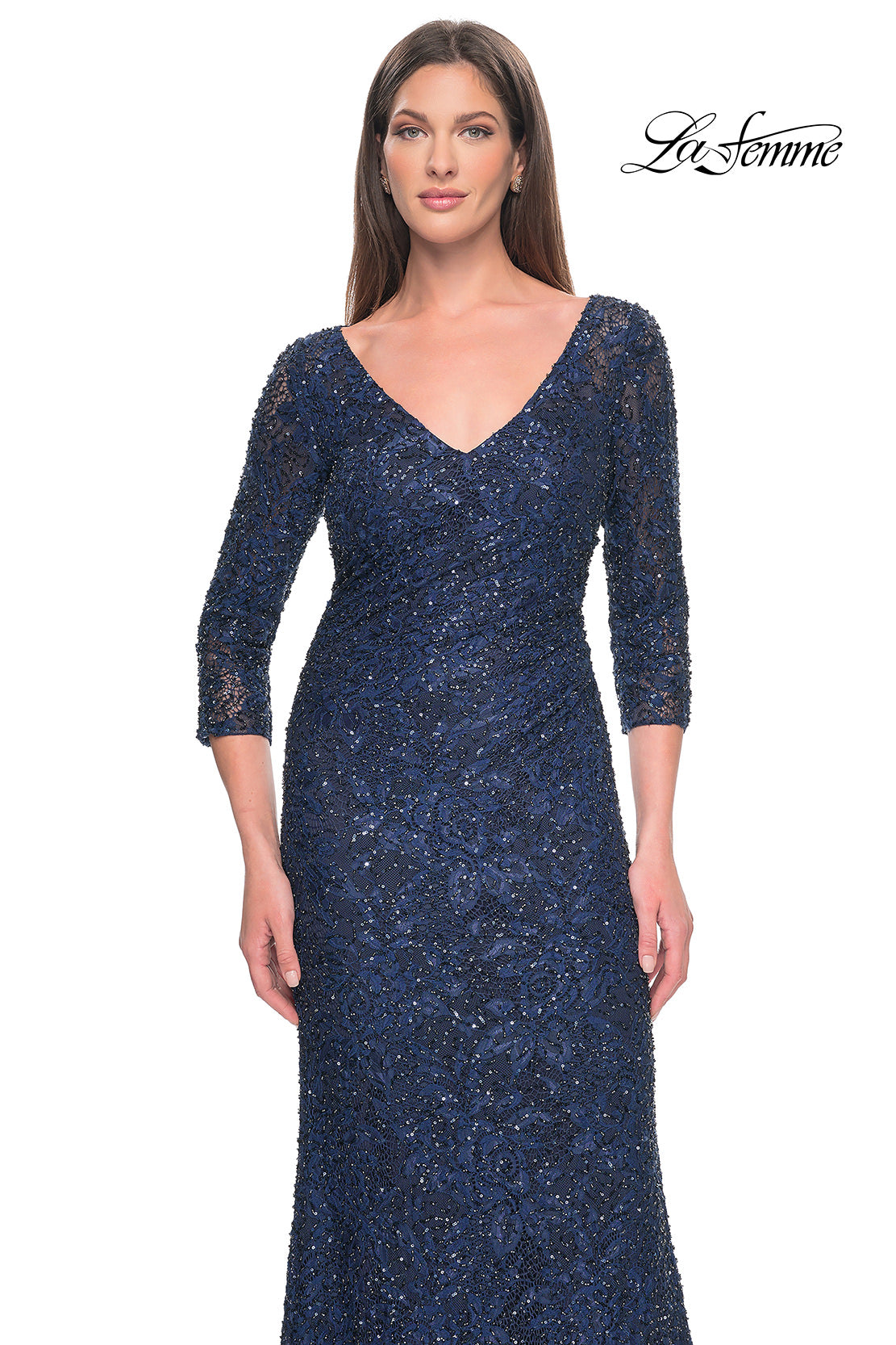 Picture of: Fitted Beaded Lace Evening Gown with Ruching in Navy, Style: 31721, Detail Picture 8