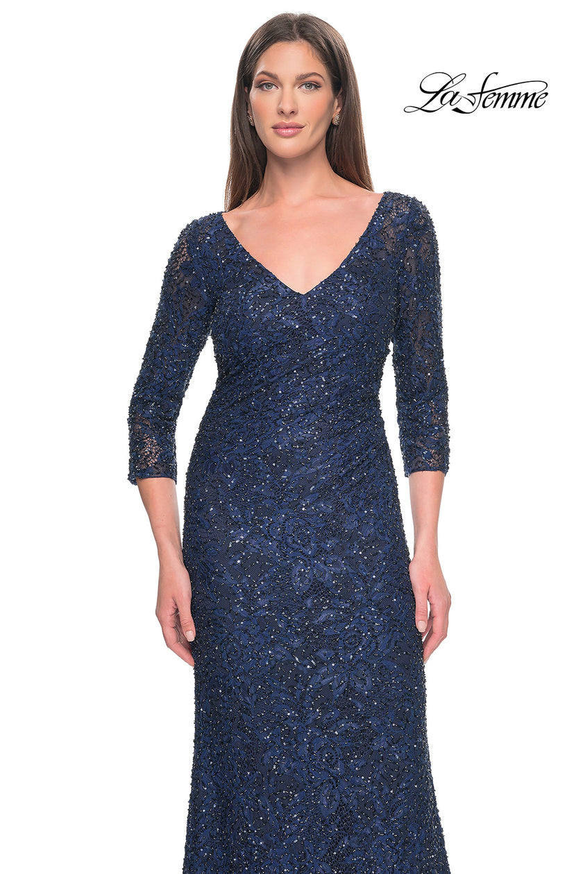Picture of: Fitted Beaded Lace Evening Gown with Ruching in Navy, Style: 31721, Detail Picture 8