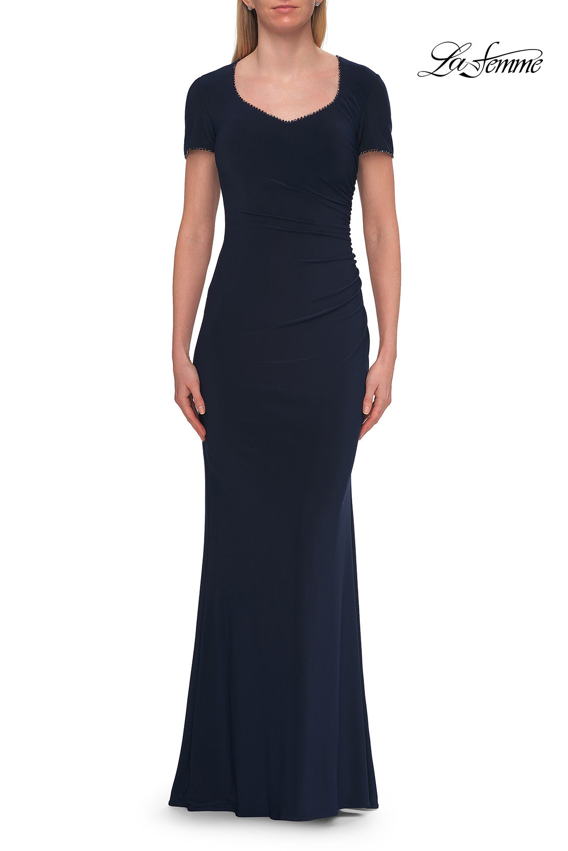 Picture of: Short Sleeve Jersey Gown with Sweetheart Neckline and Ruching in Navy, Style: 33146, Detail Picture 8