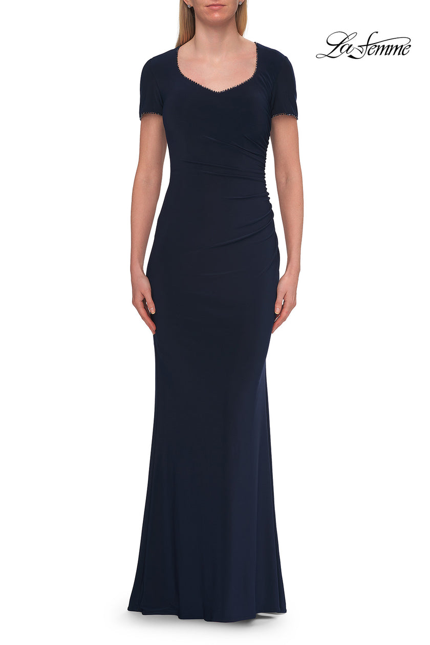 Picture of: Short Sleeve Jersey Gown with Sweetheart Neckline and Ruching in Navy, Style: 33146, Detail Picture 8