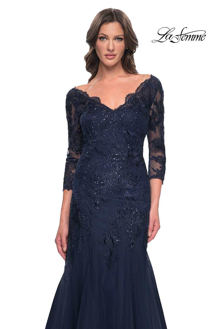 Picture of: Mermaid Tulle and Lace Dress with Scallop Detailed Neckline in Navy, Style: 30823, Detail Picture 9